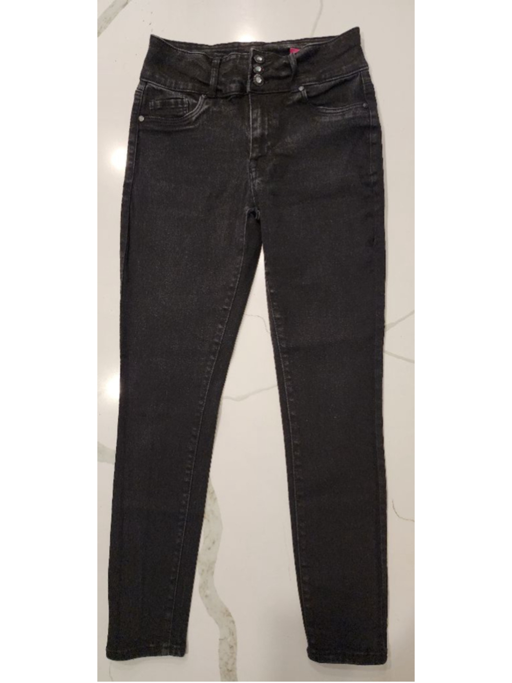 Faith Jeans Black Skinny 8 High Rise Stretch Distressed Wash Rhinestone Buttons
